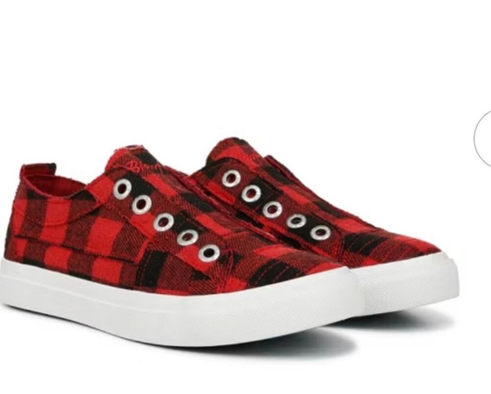 Blowfish Women's Malibu Play Slip-On Sneakers Red Buffalo Check Plaid 8.5